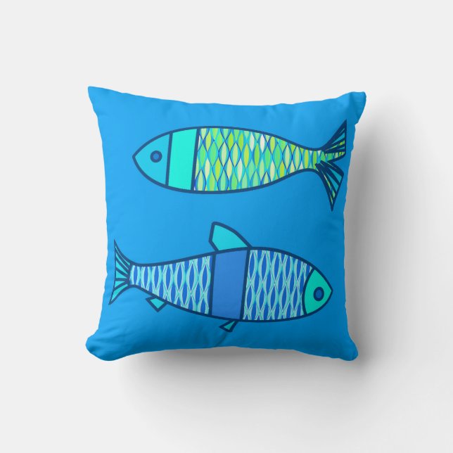 Retro Modern Fish, Turquoise and Cerulean Blue Throw Pillow (Front)
