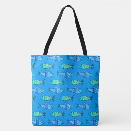Retro Modern Fish Turquoise and Cerulean Blue Tote Bag
