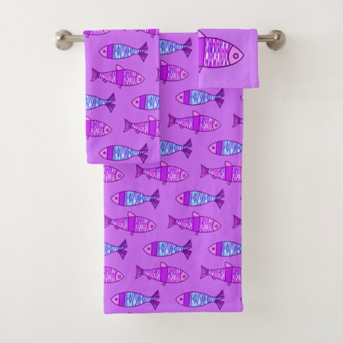 Retro Modern Fish Violet  Amethyst Purple  Bath Towel Set