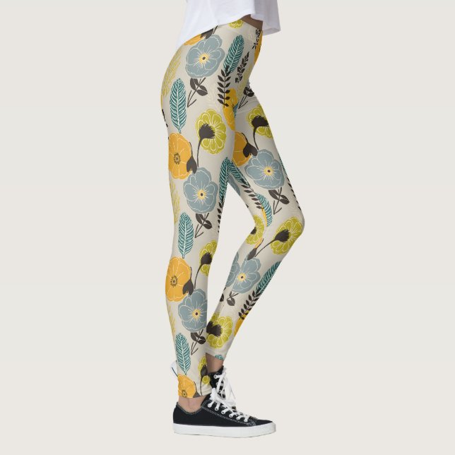 Retro Modern Floral on Gray Leggings (Right)