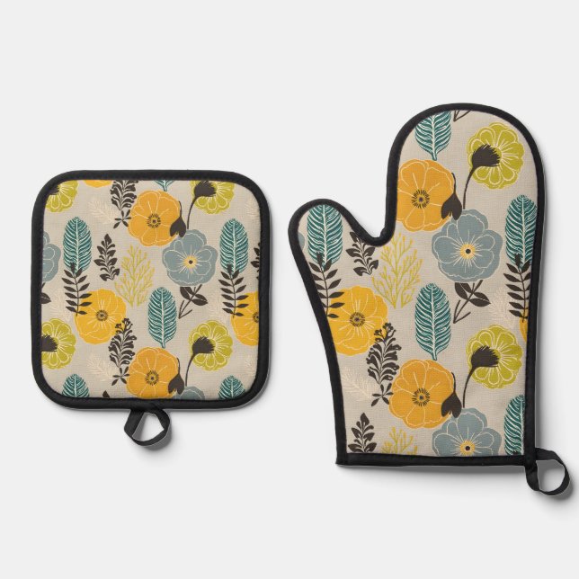 Retro Modern Floral on Gray Oven Mitt & Pot Holder Set (Front)