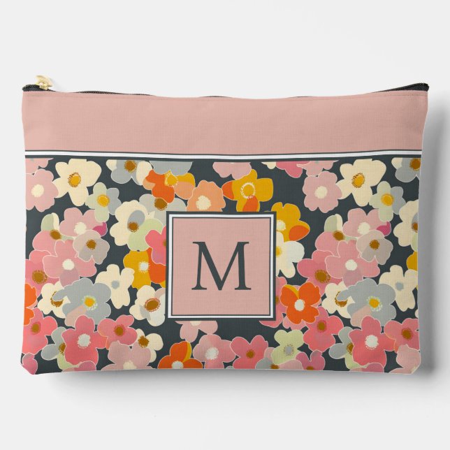 Retro Modern Floral Pink Monogram Initial Accessory Pouch (Front)