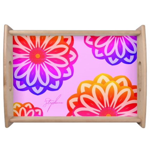 Retro Modern Floral Pink Rainbow Personalized Serving Tray