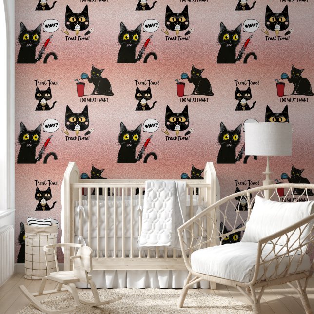 Retro Modern Funny Whimsical Black Cat - Pinkish Wallpaper (Kids)