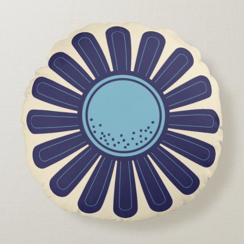 Retro Modern Geometric Daisy Flower Blue and Cream Round Pillow