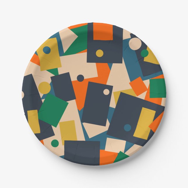 Retro Modern Geometric Dot Patchwork Abstract Paper Plates (Front)