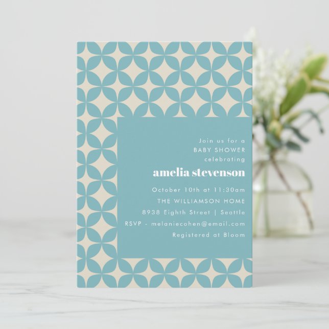 Retro Modern Geometric Pastel Blue Baby Shower Invitation (Standing Front)