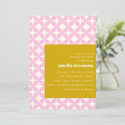 Retro Modern Geometric Pink Yellow Bridal Shower Invitation