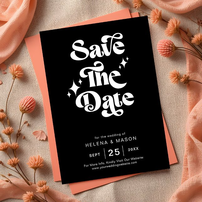 Retro Modern Groovy Bold White Script Wedding Save The Date (Creator Uploaded)