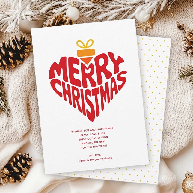 Retro Modern Heart Merry Christmas Love Holiday Card (White holiday greeting with a red heart-shaped Merry Christmas design, yellow present icon)