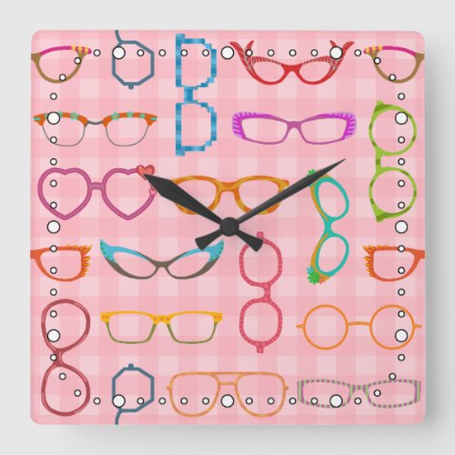 Retro Modern Hipster Eyeglasses Pink Gingham Square Wall Clock