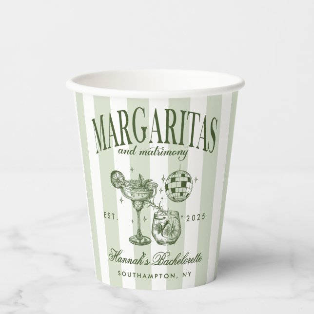 Retro Modern Margaritas and Matrimony Striped Bach Paper Cups (Front)