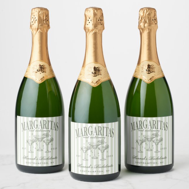 Retro Modern Margaritas and Matrimony Striped Bach Sparkling Wine Label (Bottles)