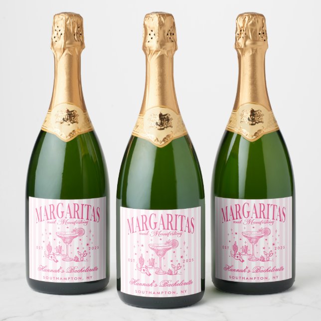Retro Modern Margaritas and Matrimony Striped Bach Sparkling Wine Label (Bottles)