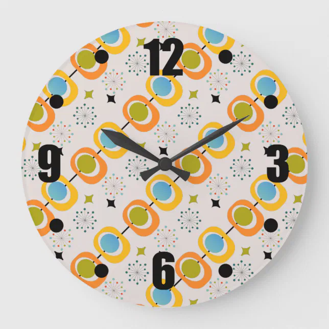 Retro Modern Mid Century Starburst Pattern Lumbar Large Clock | Zazzle