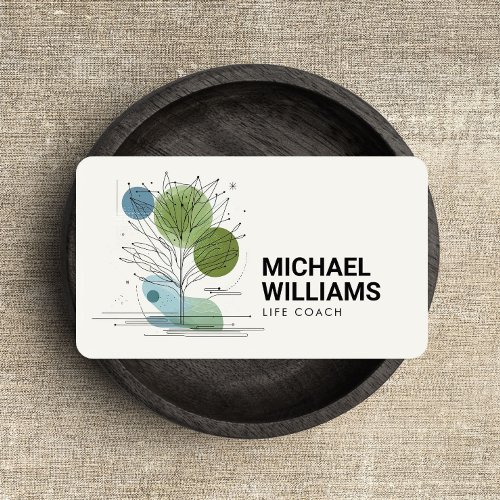 Retro Modern Minimalist Tree Life Coach GreenBlue Business Card