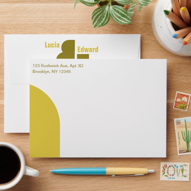 Retro Modern Monogram White and Green Envelope (Desk)