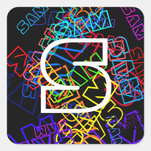 Retro-Modern Name & Monogram Bright Colors & Black Square Sticker