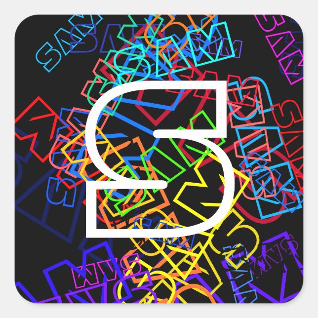 Retro-Modern Name & Monogram Bright Colors & Black Square Sticker (Front)