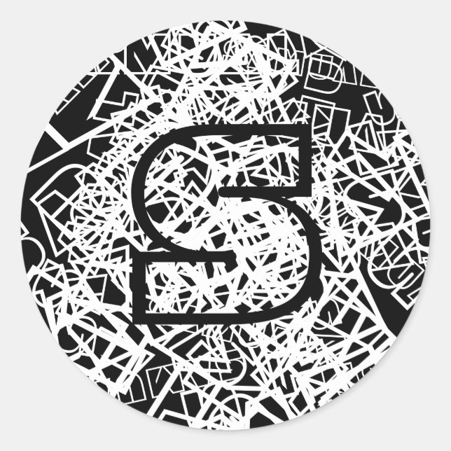 Retro-Modern Name or Word & Monogram Black & White Classic Round Sticker (Front)