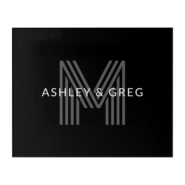 Retro Modern Name/s Editable Monogram Black & Gray Acrylic Print (Front)