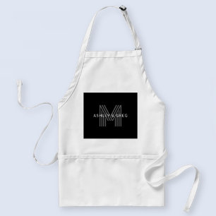 Retro Modern Name/s Editable Monogram Black & Gray Adult Apron