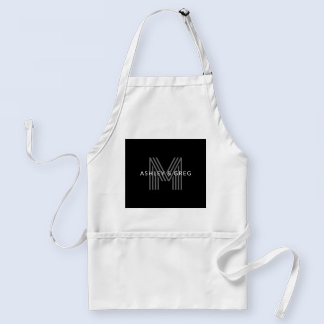Retro Modern Name/s Editable Monogram Black & Gray Adult Apron (Creator Uploaded)