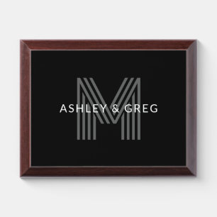 Retro Modern Name/s Editable Monogram Black & Gray Award Plaque