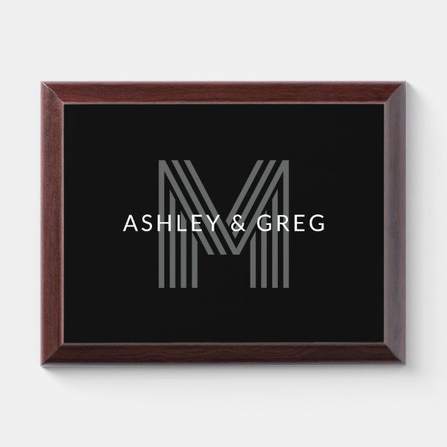 Retro Modern Name/s Editable Monogram Black & Gray Award Plaque (Horizontal)