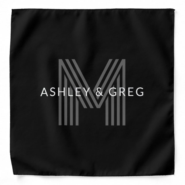 Retro Modern Name/s Editable Monogram Black & Gray Bandana (Front)