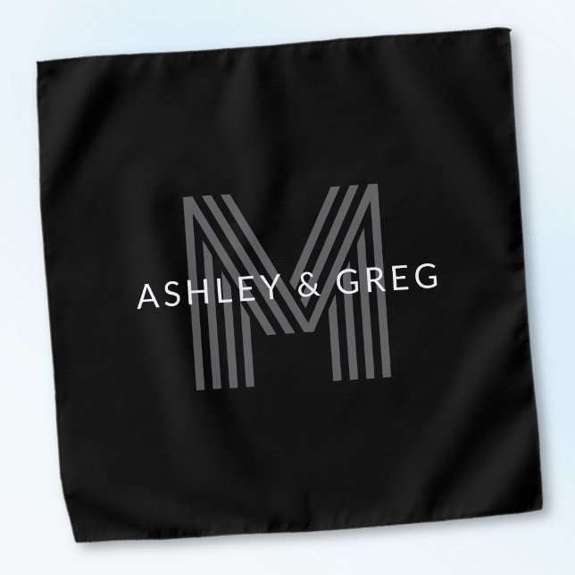 Retro Modern Name/s Editable Monogram Black & Gray Bandana (Creator Uploaded)