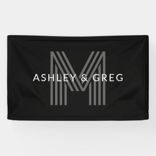 Retro Modern Name/s Editable Monogram Black & Gray Banner