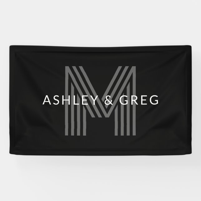 Retro Modern Name/s Editable Monogram Black & Gray Banner (Horizontal)