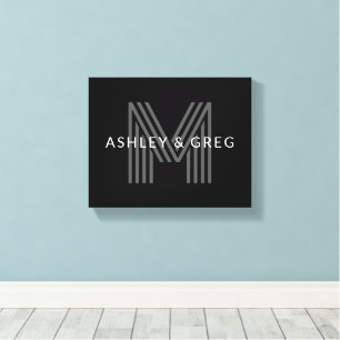 Retro Modern Name/s Editable Monogram Black & Gray Canvas Print