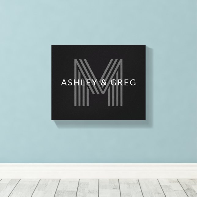 Retro Modern Name/s Editable Monogram Black & Gray Canvas Print (Insitu(Wood Floor))