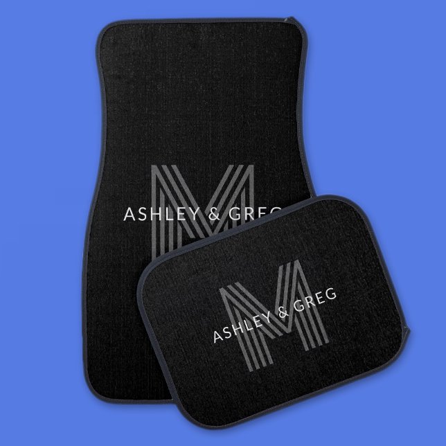 Retro Modern Name/s Editable Monogram Black & Gray Car Floor Mat (Creator Uploaded)