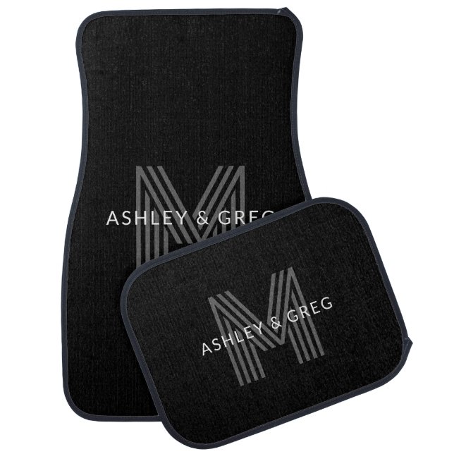 Retro Modern Name/s Editable Monogram Black & Gray Car Floor Mat (Set)