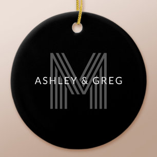 Retro Modern Name/s Editable Monogram Black & Gray Ceramic Ornament