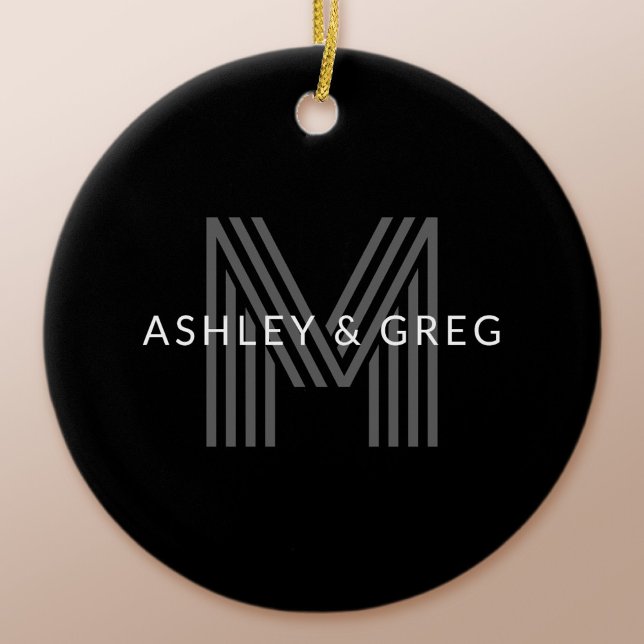 Retro Modern Name/s Editable Monogram Black & Gray Ceramic Ornament (Creator Uploaded)