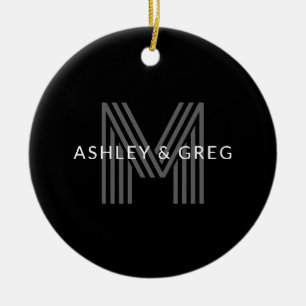 Retro Modern Name/s Editable Monogram Black & Gray Ceramic Ornament