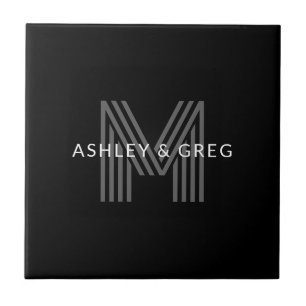 Retro Modern Name/s Editable Monogram Black & Gray Ceramic Tile