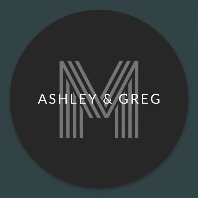 Retro Modern Name/s Editable Monogram Black & Gray Classic Round Sticker (Creator Uploaded)
