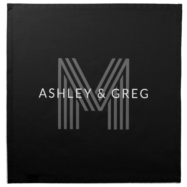 Retro Modern Name/s Editable Monogram Black & Gray Cloth Napkin (Front)