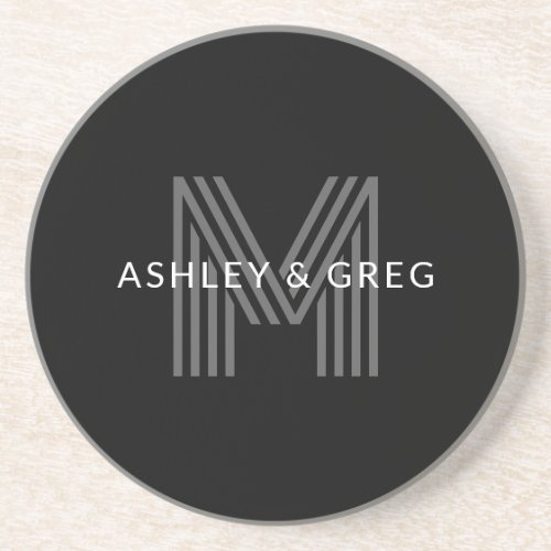 Retro Modern Names Editable Monogram Black  Gray Coaster