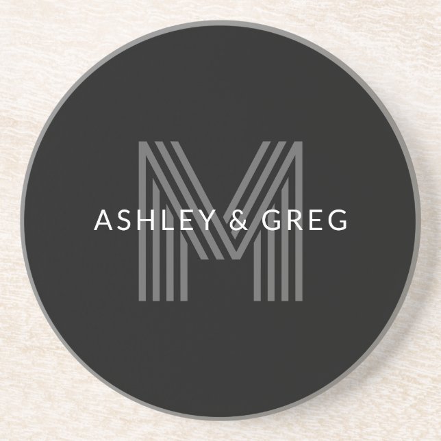 Retro Modern Name/s Editable Monogram Black & Gray Coaster (Front)