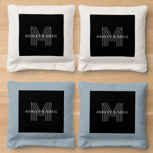 Retro Modern Name/s Editable Monogram Black & Gray Cornhole Bags