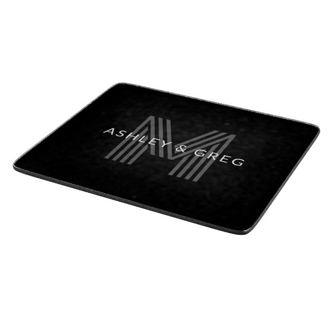 Retro Modern Name/s Editable Monogram Black & Gray Cutting Board (Corner)