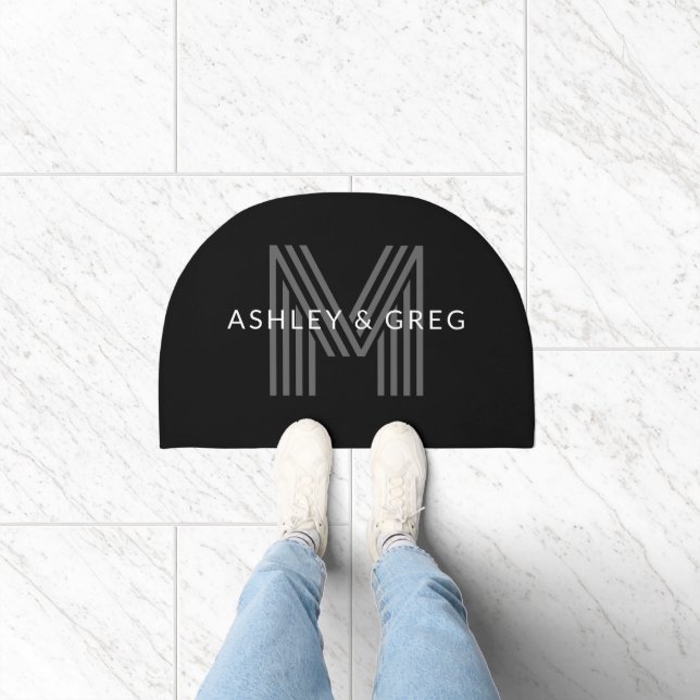 Retro Modern Name/s Editable Monogram Black & Gray Doormat (Indoor)