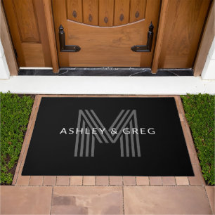 Retro Modern Name/s Editable Monogram Black & Gray Doormat
