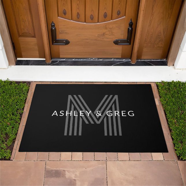 Retro Modern Name/s Editable Monogram Black & Gray Doormat (Outdoor)